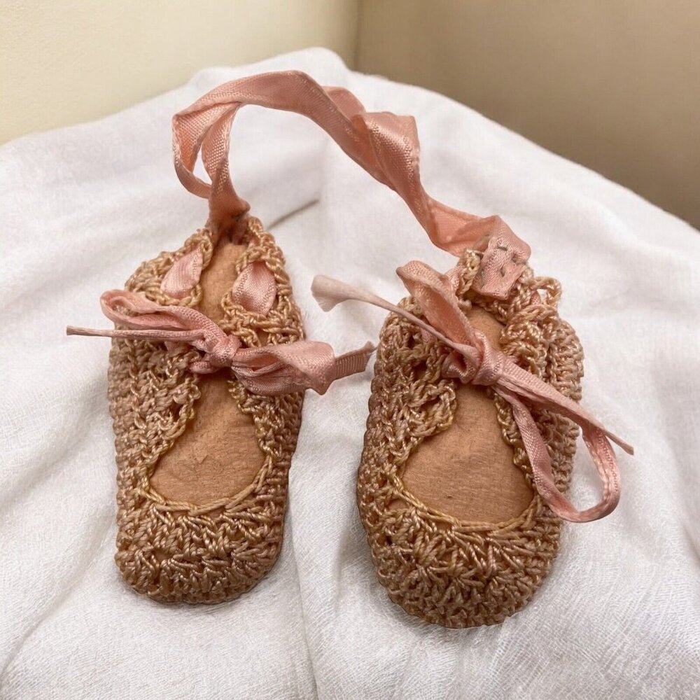 Baby Doll Crochet Knit Shoes Hanging Decor Ornament Pink Ribbon Bow Vintage 2”